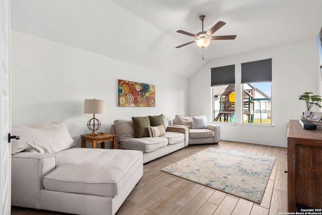 140 Cordova, Boerne, TX 78006 - living area featuring ceiling fan, light wood finished floors, vaulted ceiling, and baseboards