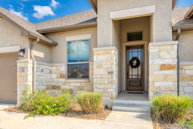 140 Cordova, Boerne, TX 78006 - doorway to property with stone siding, roof with shingles, and stucco siding