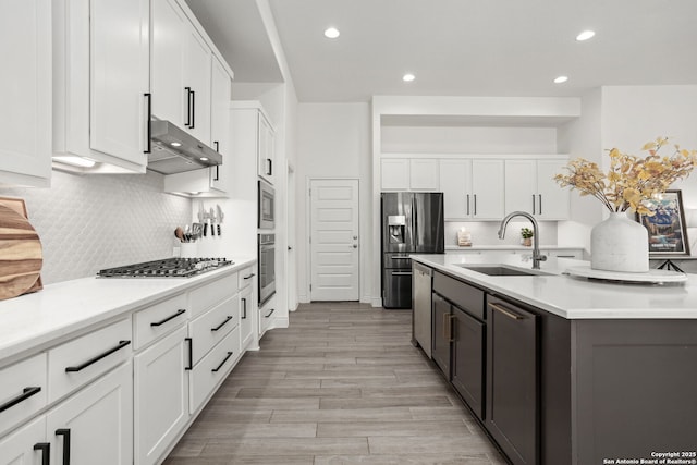 140 Cordova, Boerne, TX 78006 - kitchen with stainless steel appliances, a sink, white cabinets, recessed lighting, and under cabinet range hood