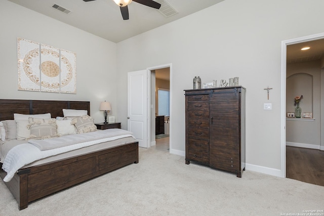 bedroom featuring baseboards, a ceiling fan, carpet flooring, and visible vents