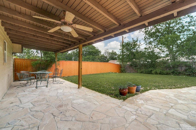 10526 Tioga, San Antonio, TX 78230 - view of patio featuring outdoor dining area, a ceiling fan, and a fenced backyard