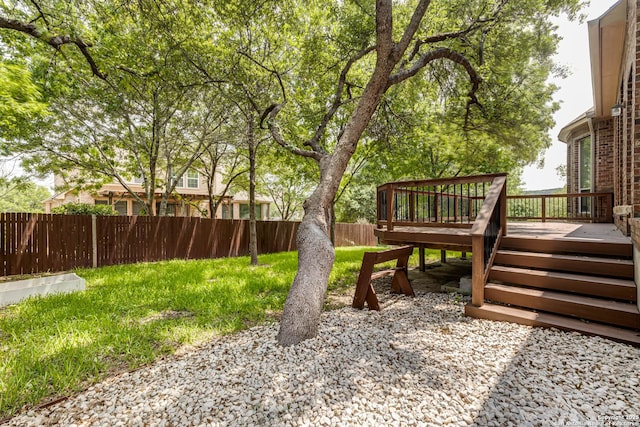 view of yard with a deck and a fenced backyard