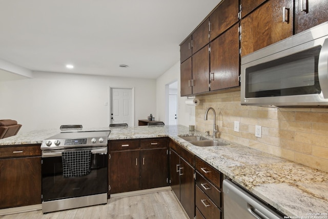 kitchen with a peninsula, light wood-type flooring, a sink, backsplash, and stainless steel appliances