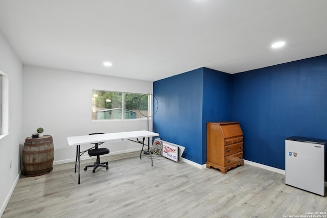 office area with baseboards, recessed lighting, and wood finished floors