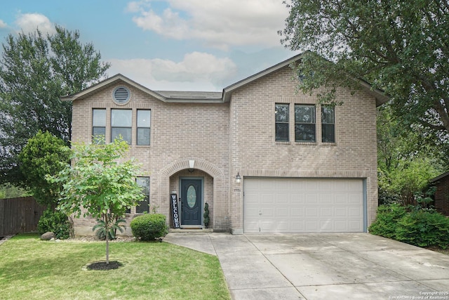 traditional home with fence, an attached garage, a front lawn, brick siding, and concrete driveway