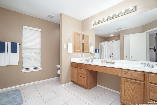 full bath featuring visible vents, double vanity, toilet, tile patterned floors, and a sink