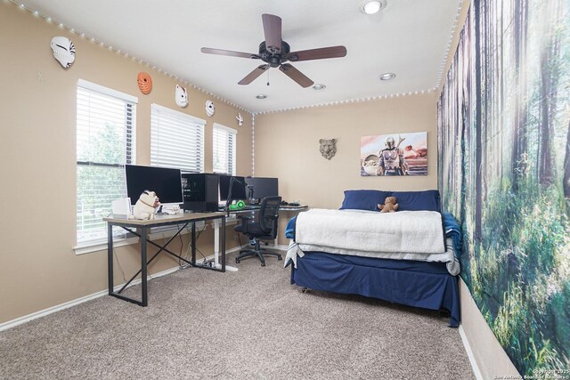 carpeted bedroom with recessed lighting and baseboards