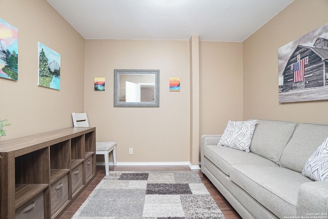 living area featuring baseboards and dark wood-type flooring