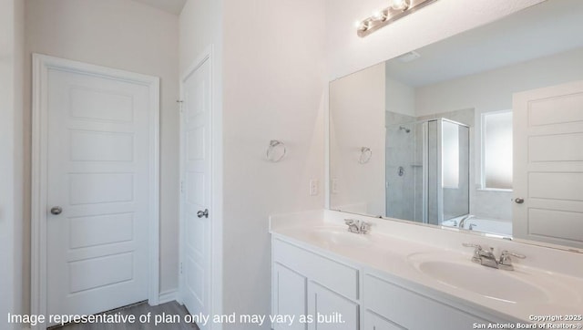 21031 Millstream Bnd, San Antonio, TX 78266 - full bath featuring double vanity, a sink, a tub to relax in, and a shower stall