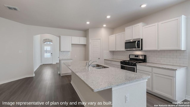 21031 Millstream Bnd, San Antonio, TX 78266 - kitchen featuring visible vents, dark wood-style flooring, white cabinetry, a sink, and stainless steel appliances