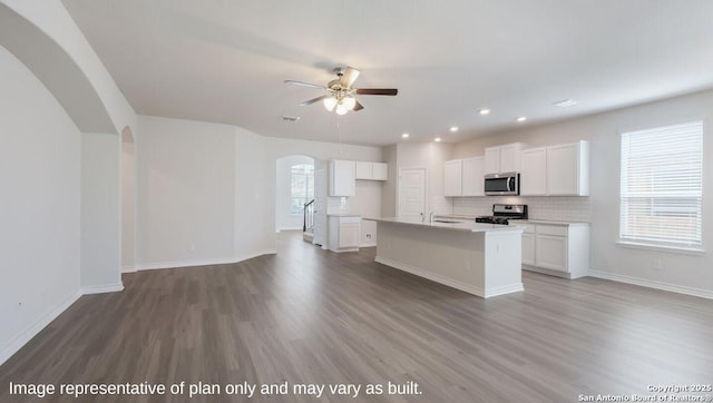 21031 Millstream Bnd, San Antonio, TX 78266 - kitchen featuring ceiling fan, appliances with stainless steel finishes, arched walkways, wood finished floors, and white cabinetry