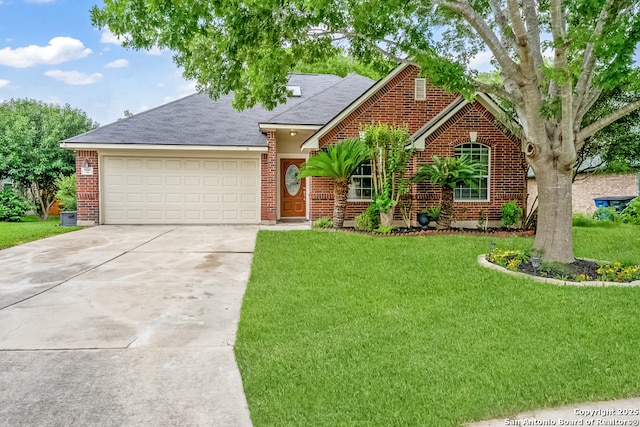 view of front of property featuring driveway, roof with shingles, brick siding, a front lawn, and an attached garage