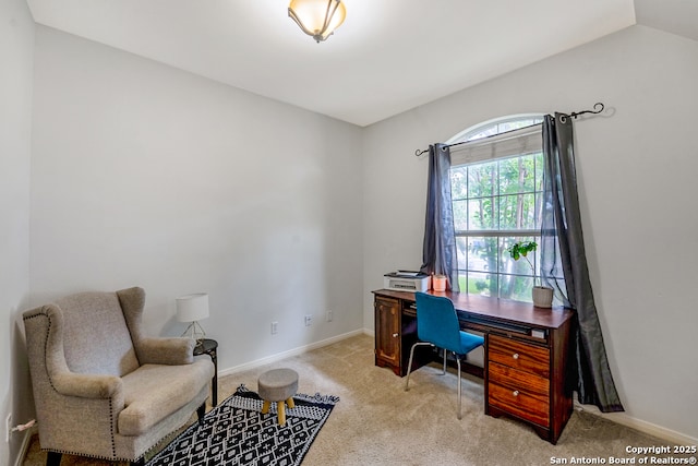 home office with baseboards, carpet, and vaulted ceiling