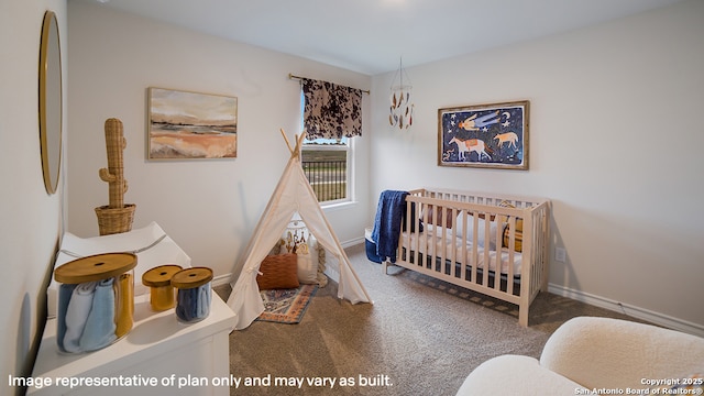bedroom featuring baseboards, carpet, a nursery area, and fridge