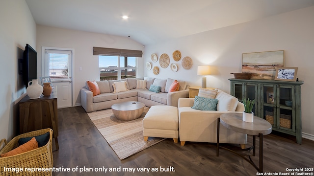 living room featuring baseboards, wood finished floors, and lofted ceiling