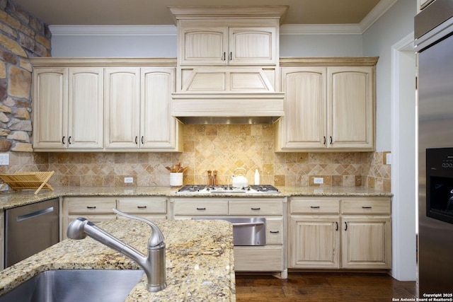 kitchen featuring crown molding, light stone counters, a sink, backsplash, and stainless steel appliances