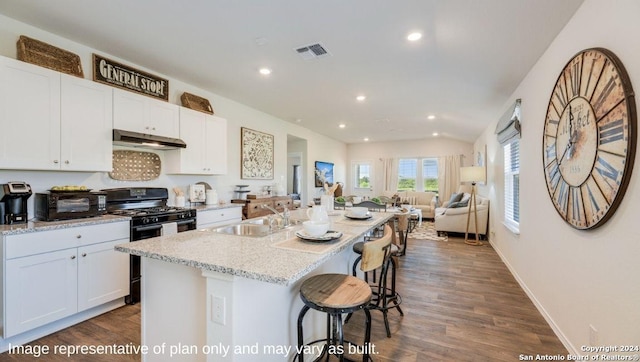 kitchen with visible vents, recessed lighting, under cabinet range hood, a sink, and black gas range oven