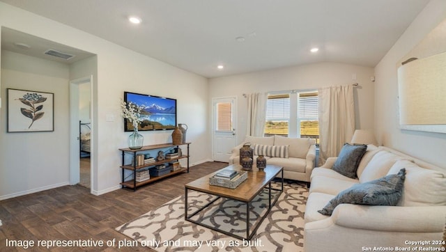 living room featuring visible vents, baseboards, dark wood-style floors, lofted ceiling, and recessed lighting