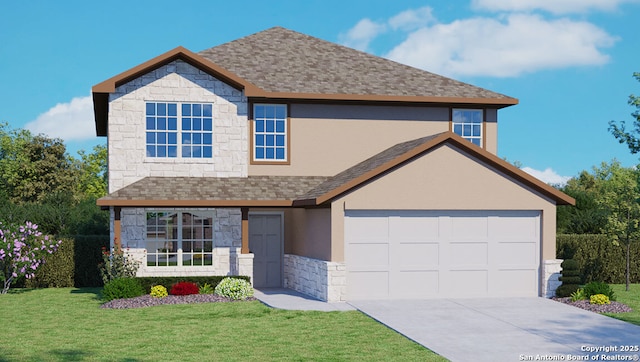 traditional home with roof with shingles, a front lawn, stone siding, stucco siding, and concrete driveway