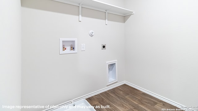 washroom with hookup for an electric dryer, laundry area, dark wood finished floors, baseboards, and hookup for a washing machine