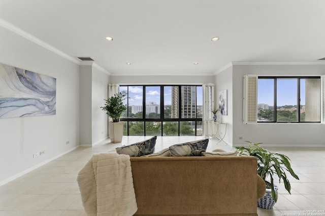 living room featuring light tile patterned floors, baseboards, and recessed lighting