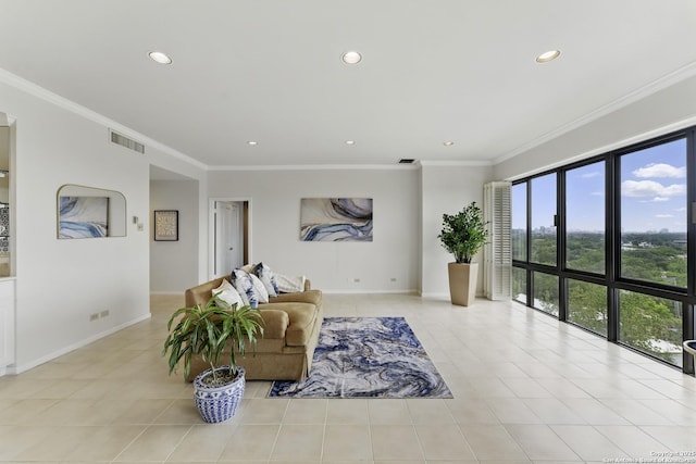 tiled living room featuring recessed lighting, crown molding, and visible vents