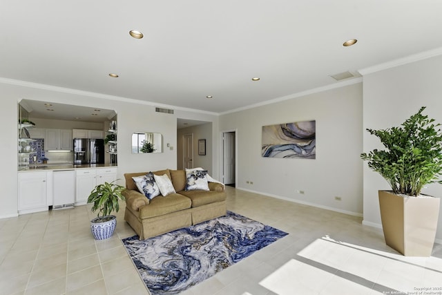 living area with recessed lighting, visible vents, ornamental molding, and light tile patterned floors