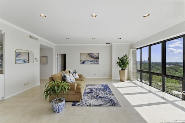 living room with crown molding, light tile patterned floors, recessed lighting, and visible vents