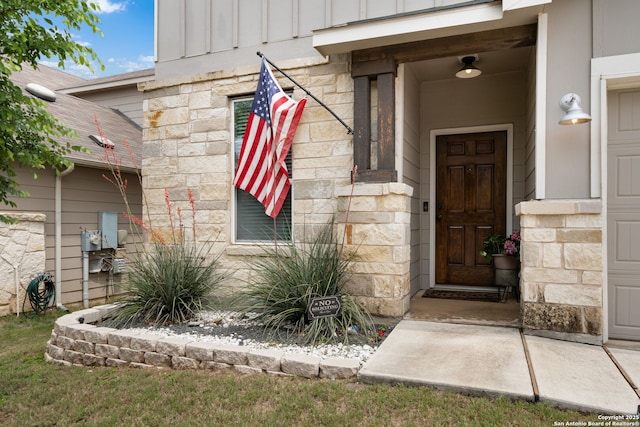 27342 Emilie Cyn, San Antonio, TX 78260 - doorway to property with board and batten siding and stone siding