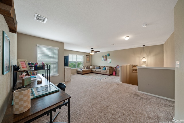27342 Emilie Cyn, San Antonio, TX 78260 - living area featuring carpet floors, a ceiling fan, a textured ceiling, and visible vents