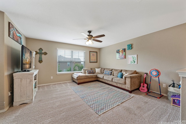 27342 Emilie Cyn, San Antonio, TX 78260 - living room featuring carpet flooring, a ceiling fan, and baseboards