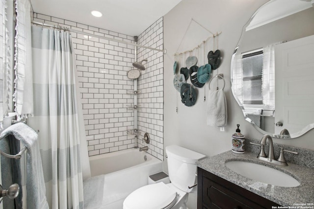 bathroom with toilet, recessed lighting, shower / bathtub combination with curtain, and vanity