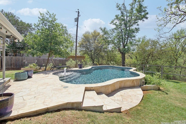 view of pool featuring a fenced backyard, a fenced in pool, and a patio