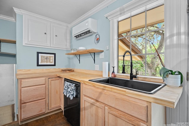 kitchen featuring open shelves, a sink, a wall mounted air conditioner, wooden counters, and ornamental molding
