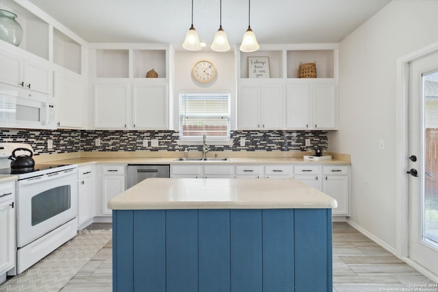 kitchen featuring a sink, tasteful backsplash, open shelves, and white appliances