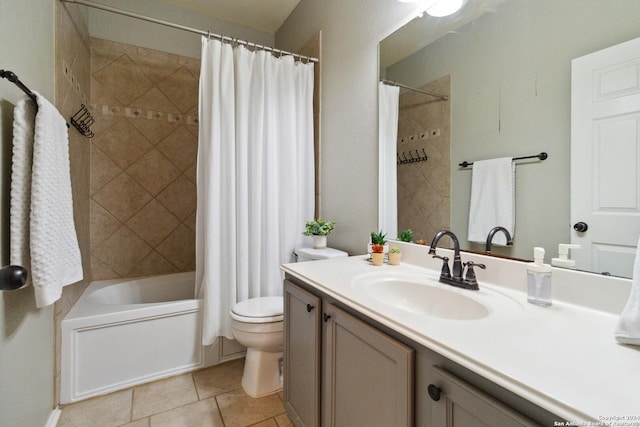 full bath with toilet, tile patterned floors, shower / bathtub combination with curtain, and vanity