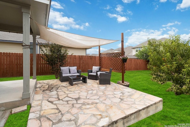 view of patio featuring a fenced backyard and an outdoor hangout area