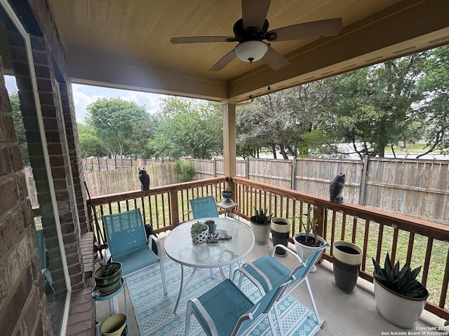 12606 Ozona, San Antonio, TX 78245 - wooden terrace featuring a fenced backyard, outdoor dining area, and ceiling fan