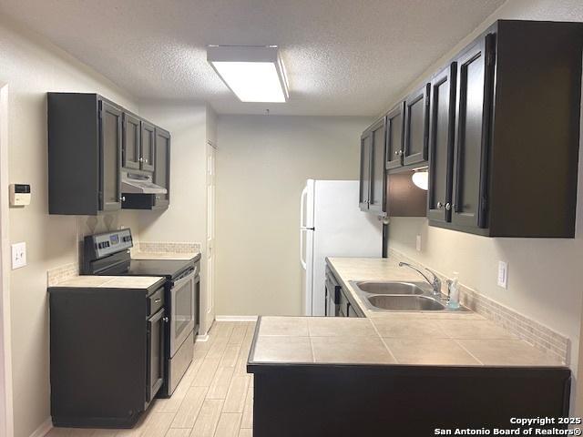 kitchen featuring stainless steel range with electric cooktop, ventilation hood, a sink, light wood finished floors, and a textured ceiling