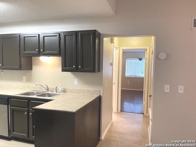 kitchen featuring baseboards, light wood-type flooring, light countertops, dark cabinets, and a sink