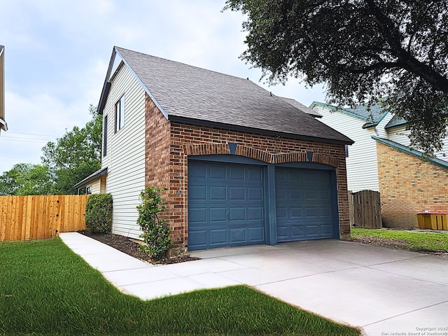 view of property exterior with brick siding, fence, and a shingled roof