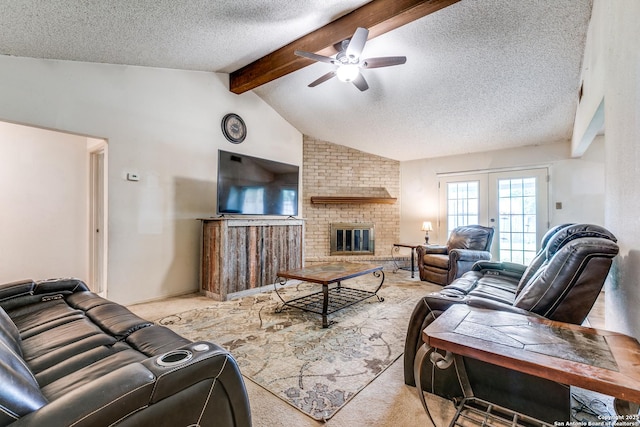living area featuring a brick fireplace, ceiling fan, light colored carpet, a textured ceiling, and lofted ceiling with beams