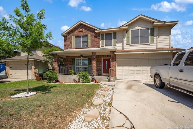 traditional home with an attached garage, a front lawn, brick siding, concrete driveway, and covered porch