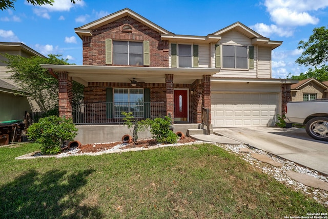 traditional home featuring a porch, brick siding, driveway, and a garage