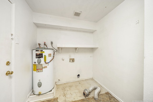 clothes washing area featuring gas dryer hookup, washer hookup, hookup for an electric dryer, laundry area, and electric water heater