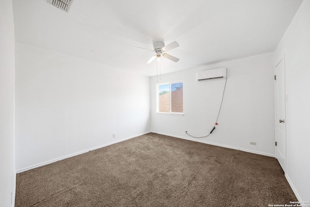 carpeted empty room with visible vents, baseboards, ceiling fan, and an AC wall unit