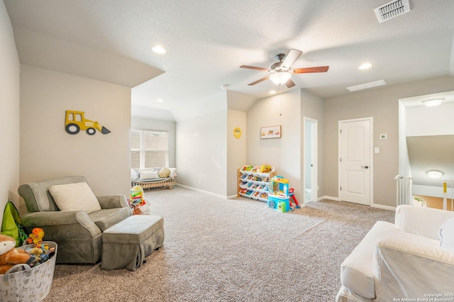 rec room featuring visible vents, baseboards, ceiling fan, recessed lighting, and carpet