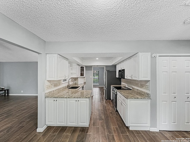 kitchen with black microwave, stainless steel range with electric stovetop, a sink, a raised ceiling, and dark wood-style floors