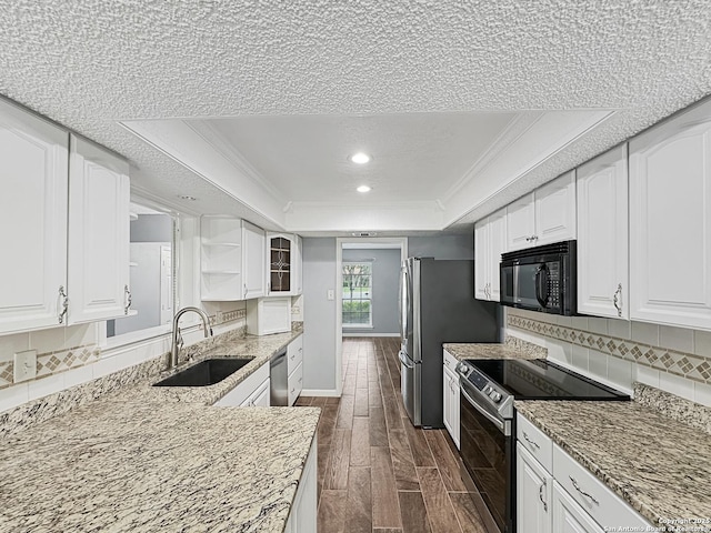 kitchen with open shelves, ornamental molding, a tray ceiling, a sink, and appliances with stainless steel finishes