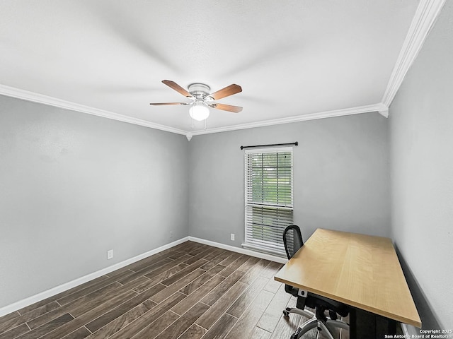 unfurnished office with baseboards, crown molding, ceiling fan, and dark wood-style floors